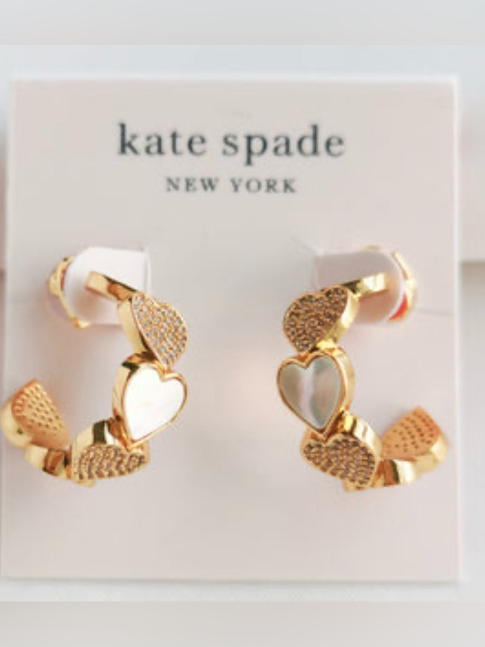 NWT Gorgeous kate spade Gold Heart Drop Hoop Earrings with Mother-of-Pearl